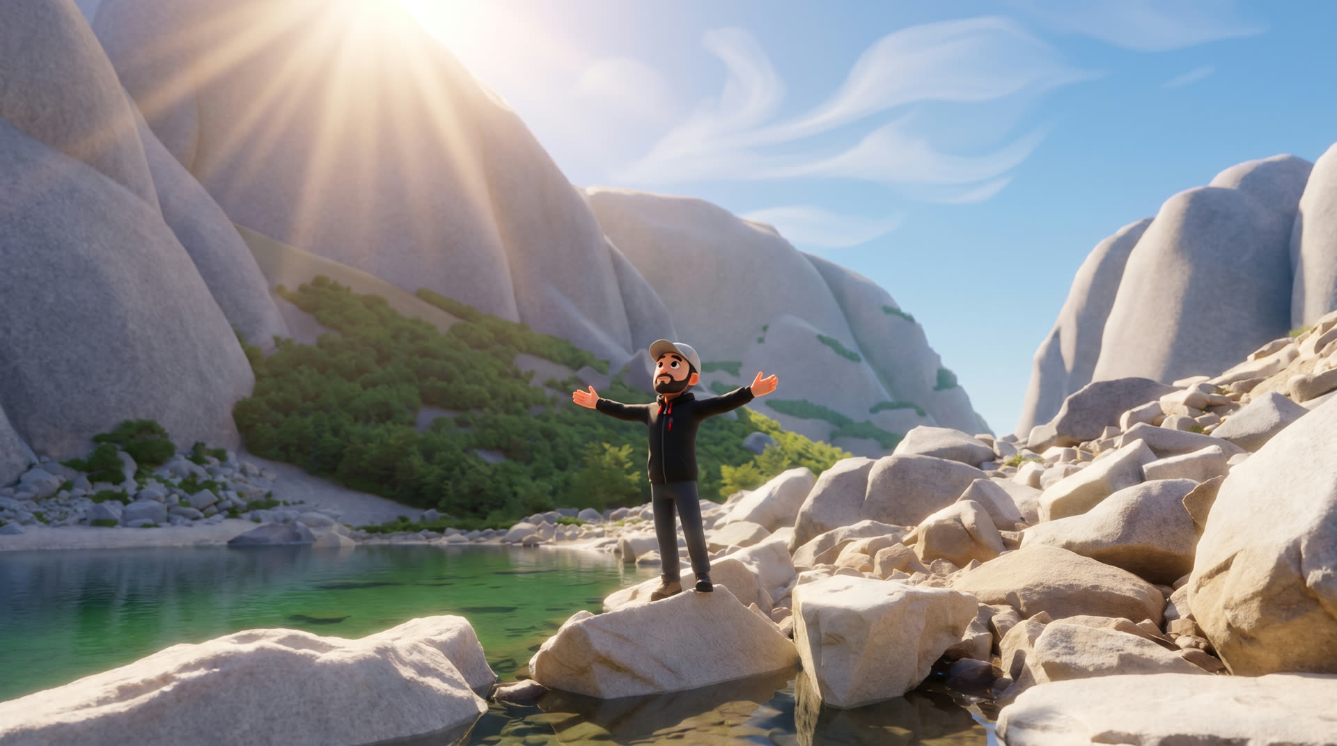 WroKeN animado en 3D, con los brazos abiertos sobre una roca, frente a una laguna y montañas de granito