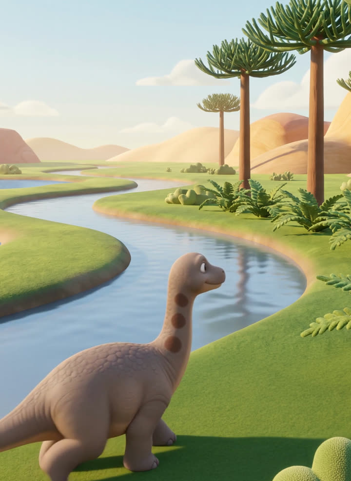 Un dinosaurio de cuello largo junto a un río en Chile