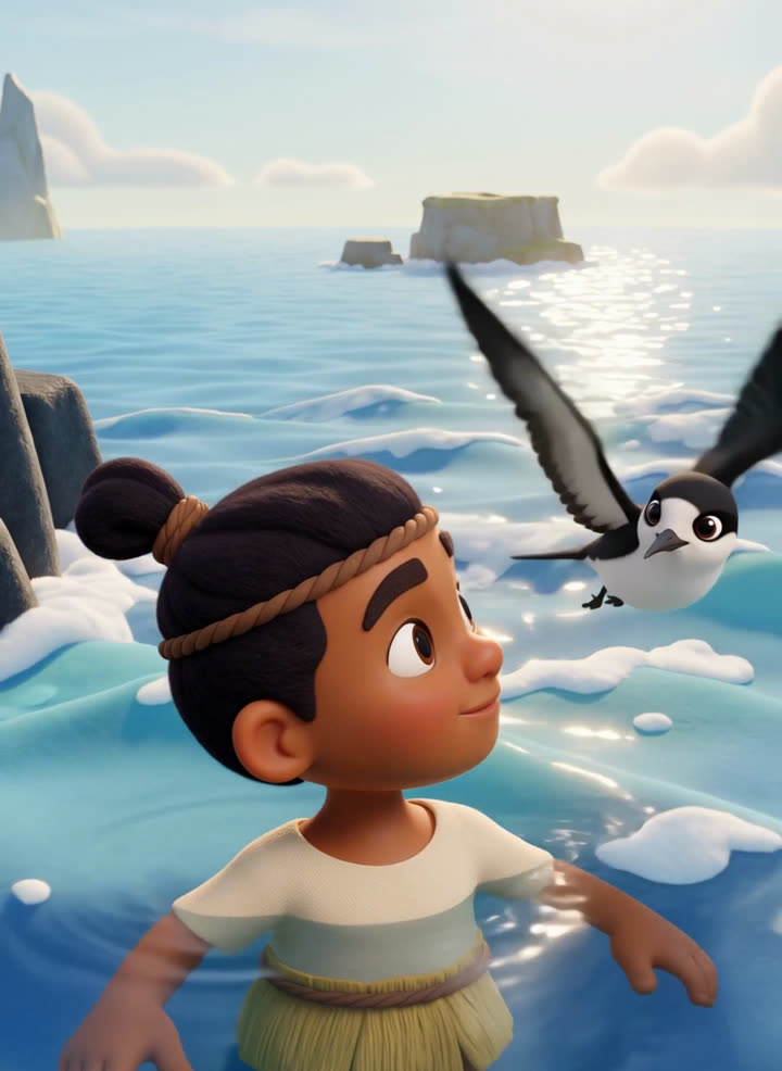 Teva, niño de Rapa Nui, nada junto a un charrán